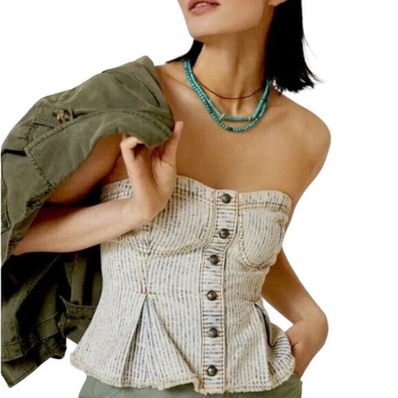 Pilcro by Anthropologie Button Down Striped Denim Peplum Corset Top Sz Large - Picture 1 of 12